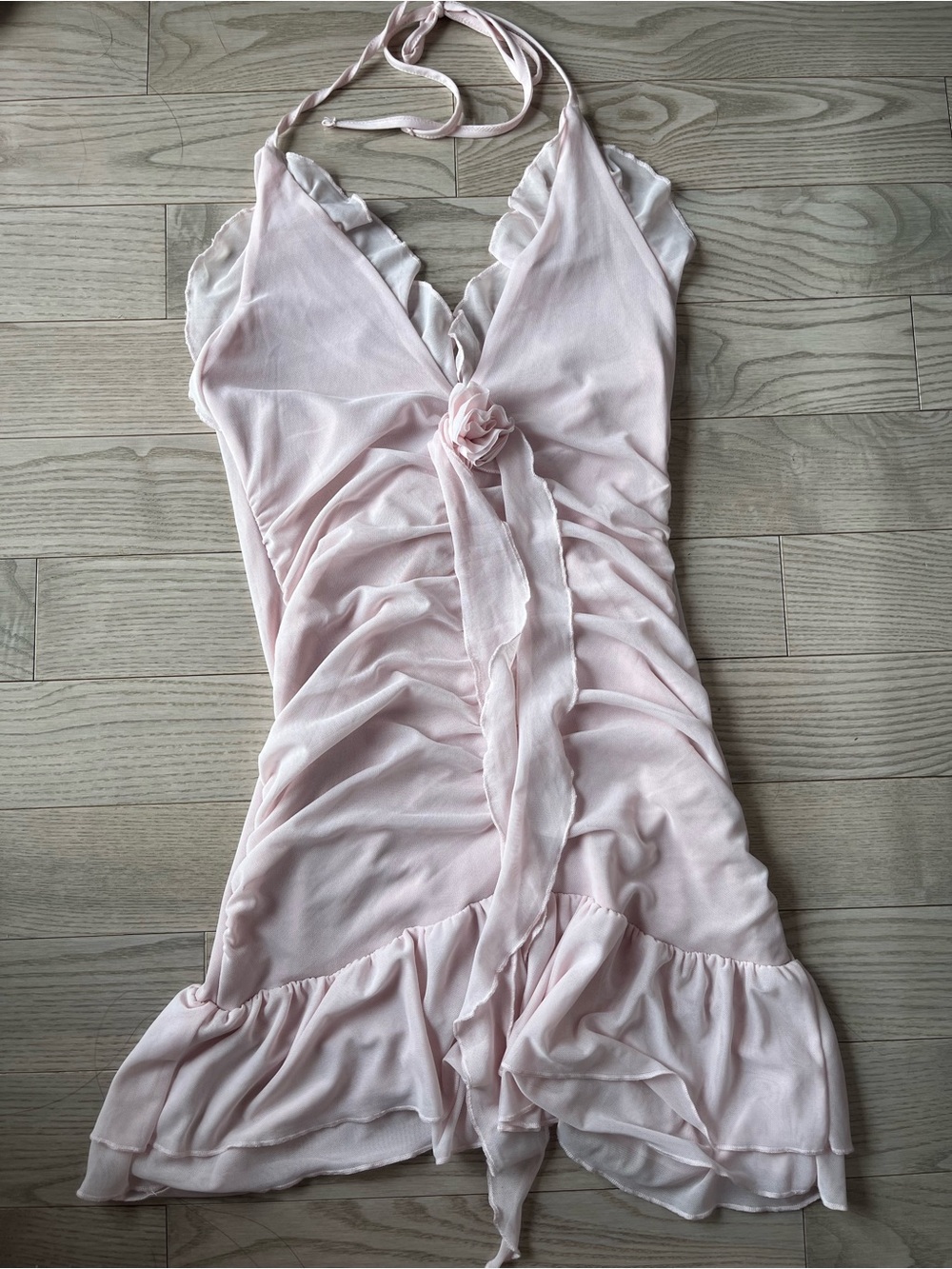 Delicate Pink Ruffle Halter Slip Dress